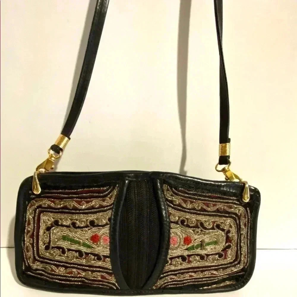 Albano small black leather with embroidery bag